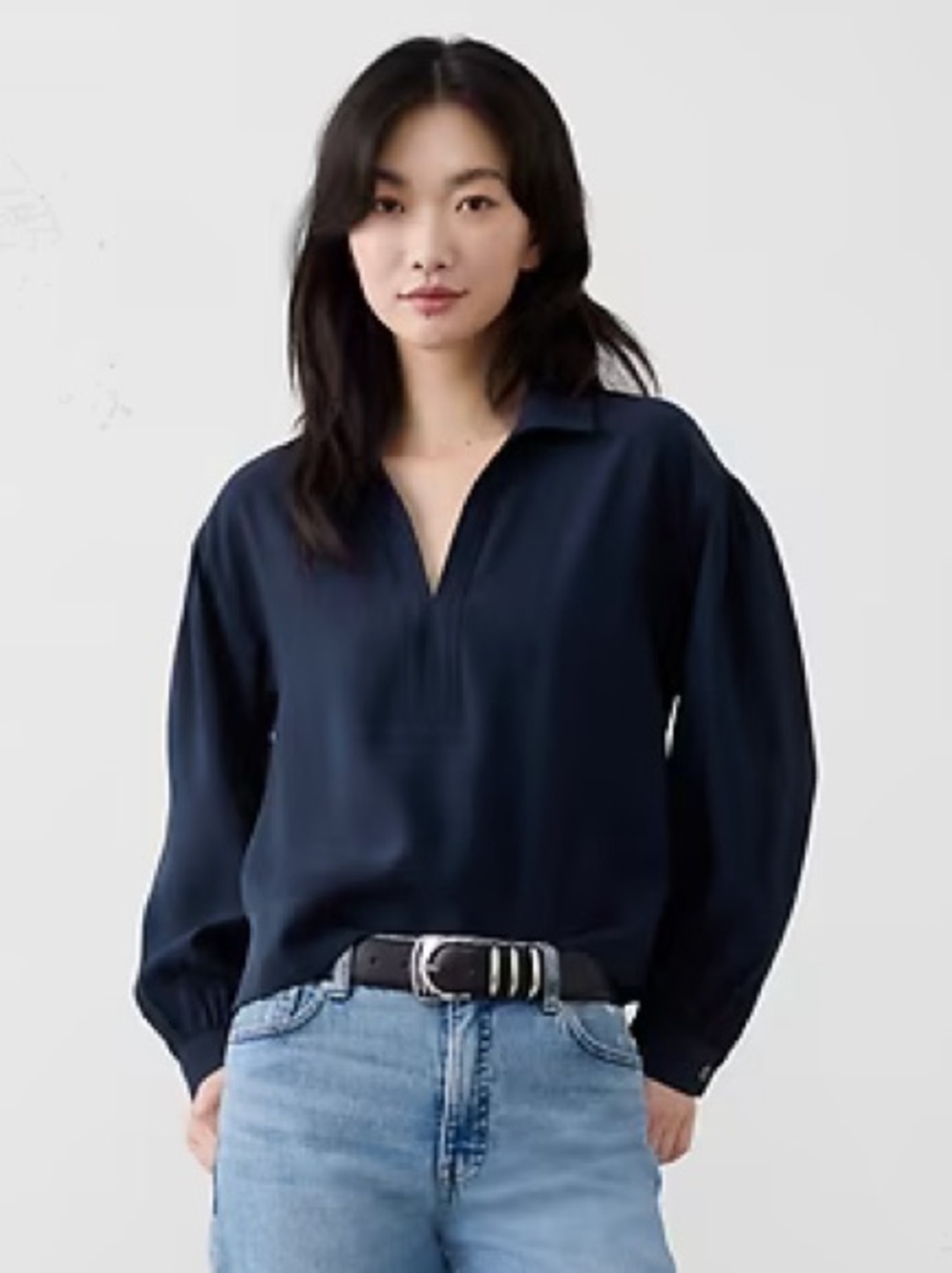 Banana Republic Factory Johnny- Collar Twill Popover Top in Preppy Navy Size S